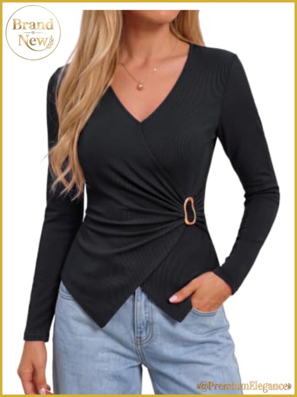 Ribbed Knit V Neck Wrap Blouse Long Sleeve Work Top